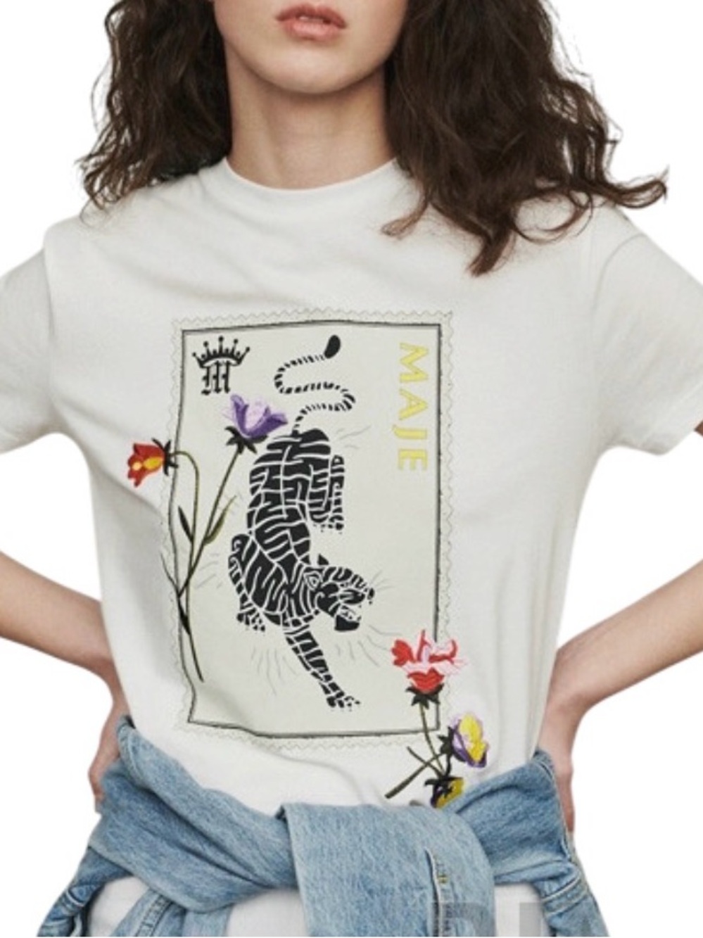 🐅 Maje White Tee with Black Tiger Stamp and Floral Embroidery SZ 1 / SM🥀 - Picture 15 of 17